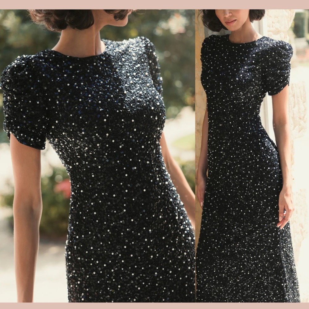 NWT MAC DUGGAL [ 2 ] 24003 Gathered Short Sleeve‎ Beaded Gown Black #J1888